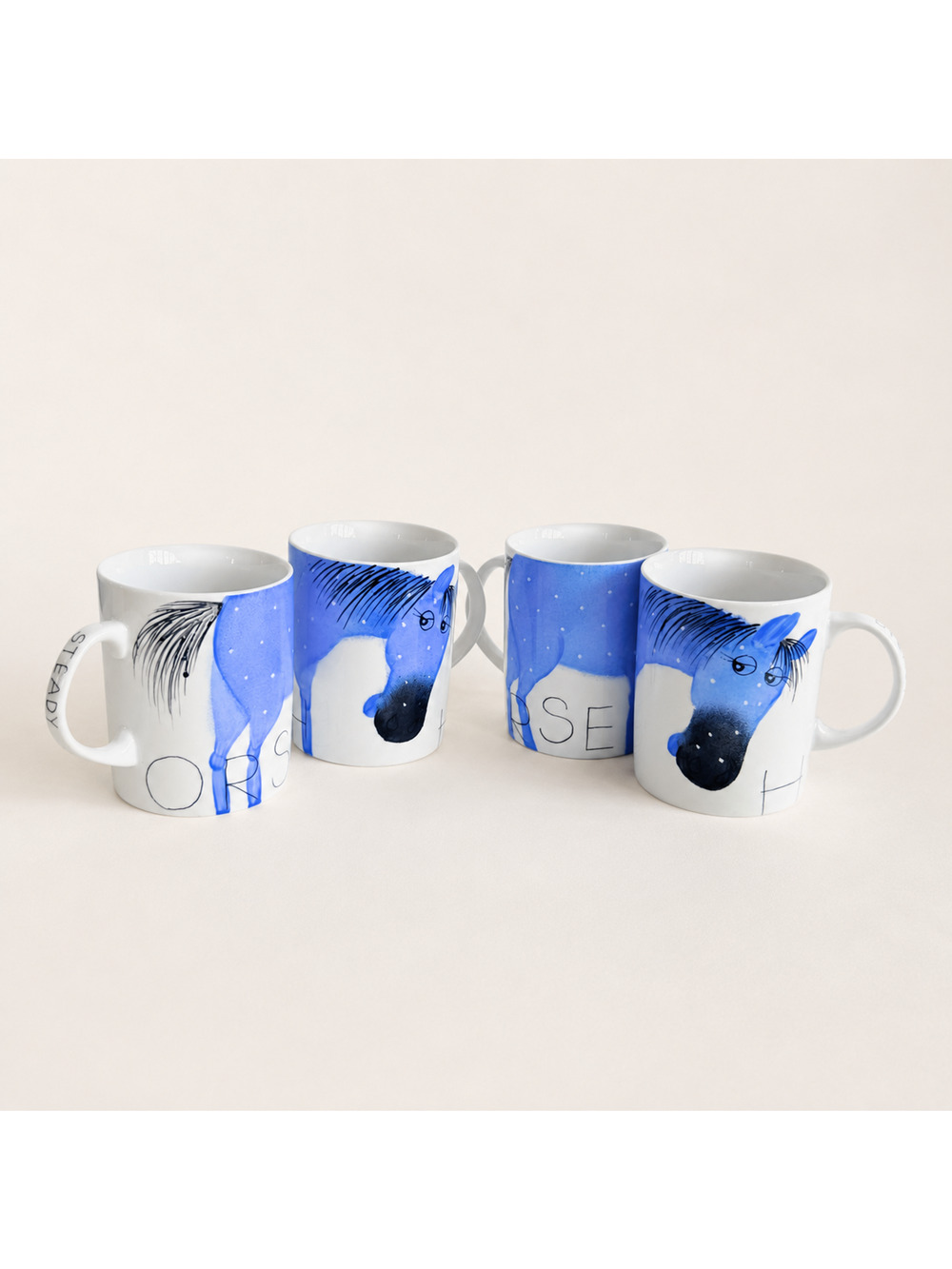 Set of 4 Vintage Helena Tilk Steady Horse Coffee Mugs Blue Scandinavian Art